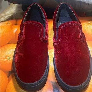 Oxblood velvet Vans/ Loafers Slip Ons Size 7.5, rubber soles for stability